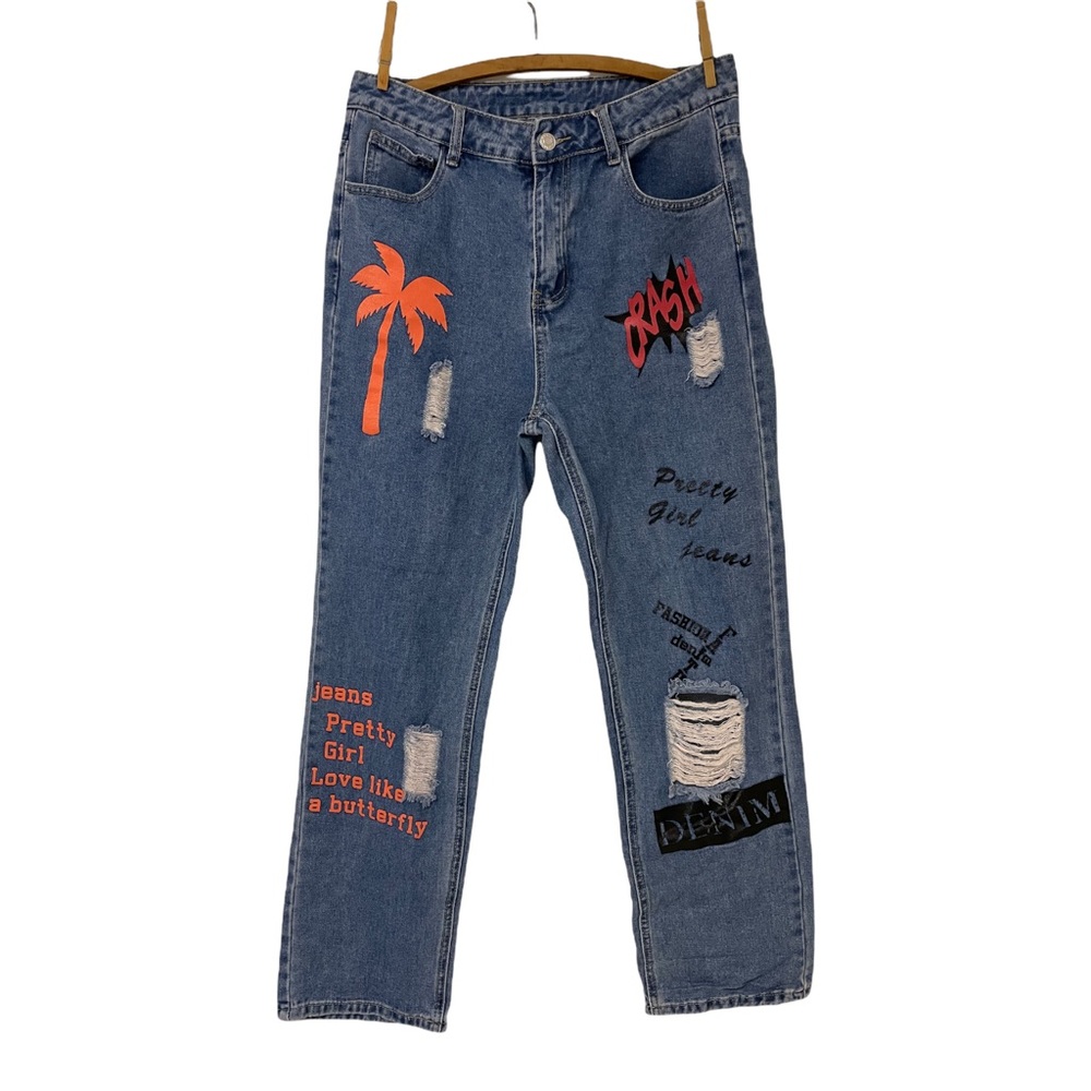 Shein L Blue Cotton Denim Graffiti Jeans Ripped Distressed Batman 33" x 28.5"